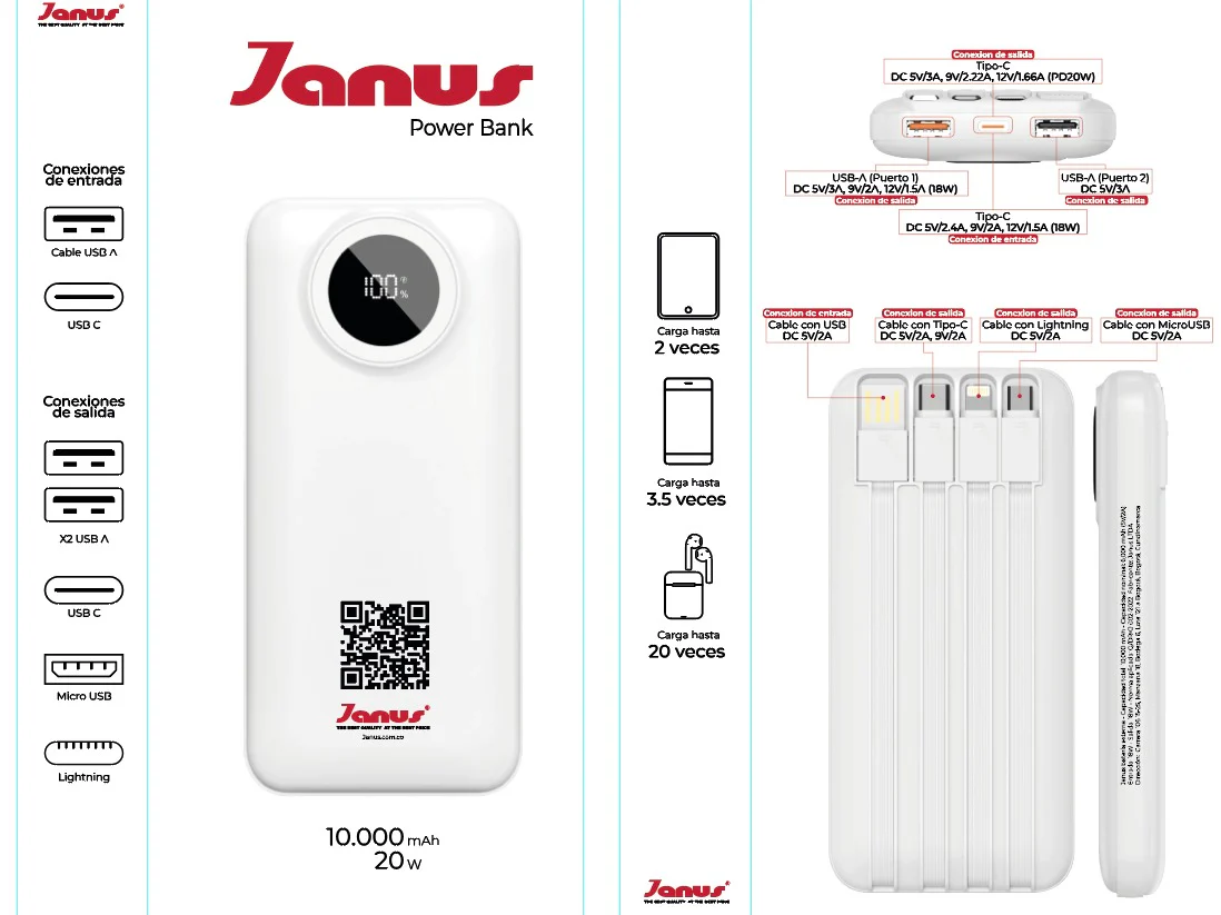 Power Bank Janus 10,000 mAh 20W – Multi Cable Integrado - Image 5